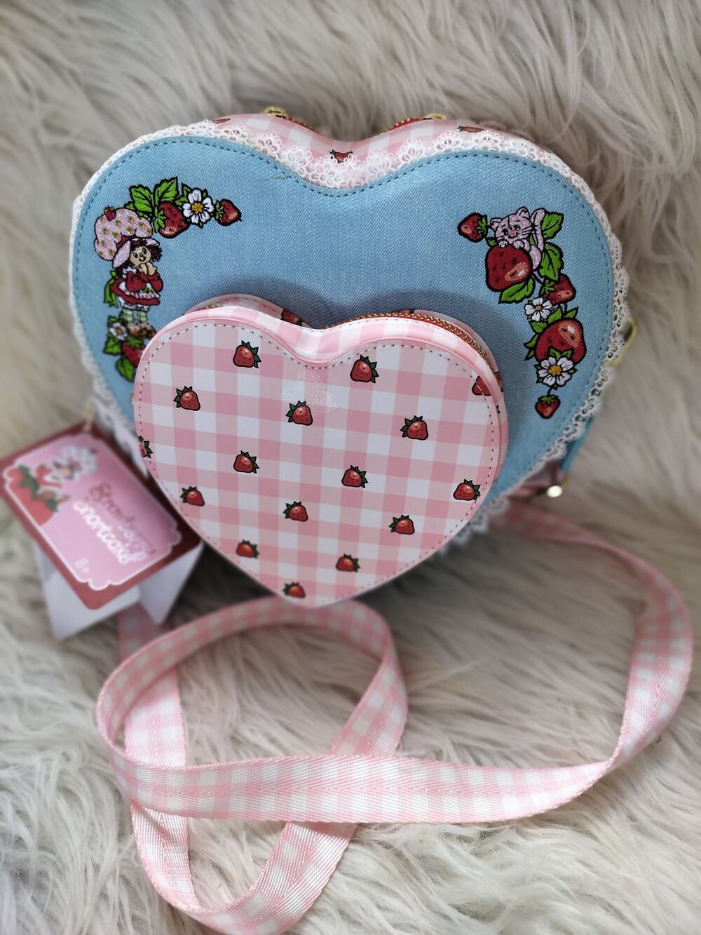 5891) Loungefly Strawberry Shortcake Denim Heart Crossbody Bag